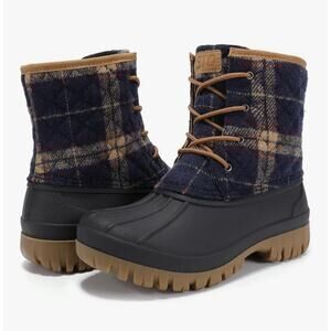 STQ Duck Snow Boots, Women Waterproof Winter Quilted, Antique Navy Plaid, Size 8